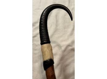 Vintage Swiss Walking Stick - Goat Horn Handle - 38'