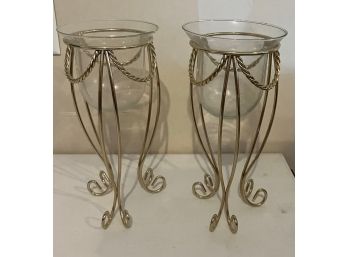 Set Of 2 Glass Candle Holder Metal 3 Leg Stand