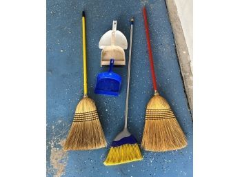 Lot Of 3 Brooms And Dust Pans