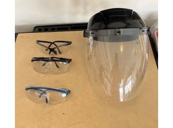 Full Face Shield And 3 Pairs Of Safety Glasses In Storage Tote