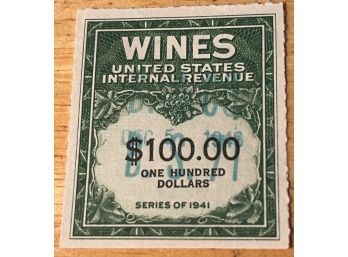 Series Of 1941 - WINES United States Internal Revenue $100 Stamp
