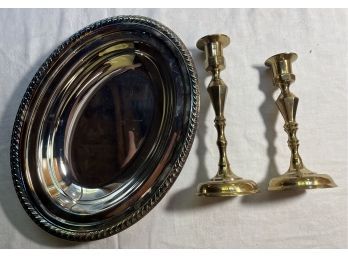 Silver Tone Platter & 2 Brass Candle Holders