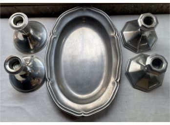 Silver Tone Platter & 2 Sets Of Candle Holders