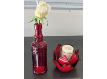 Small Red Bottle Vase With Faux Flower & Battery Operated Tea Light Candle