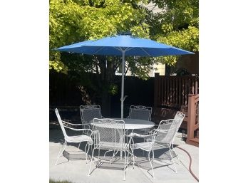 Wrought Iron Patio Table With 6 Chairs & Umbrella