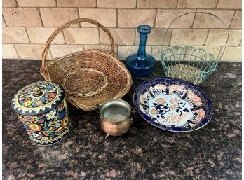Lot Of 6 Misc Items (Decorative Baskets, Tins, Glass, Copper)