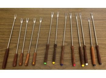 Lot Of 13 Fondue Forks  & 6 Knives In Plastic Tote