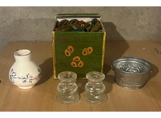 Lot Of 4 Misc Items (Small Vase, Candle Holders, Metal Tin And Potpourri Box)