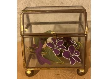 Metal And Glass Trinket Box With Faux Flower Decoration Inside