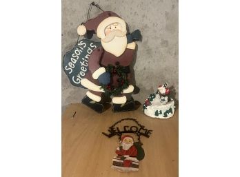 Lot Of 3 Christmas Items (Music Box, Welcome Sign, Large Santa Door Hanging)