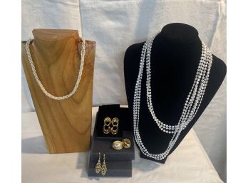 Gold Tone Earrings & Faux Pearl Necklace (J7)