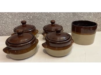 RARE! Vintage Stoneware Pottery, Double Handled Bean Pot Crock With Lid (4ct)  Bonus