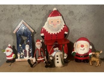 Lot Of 7 Misc Christmas Items (Wall Hanging, Santa Chair, Ornaments, Figurines)