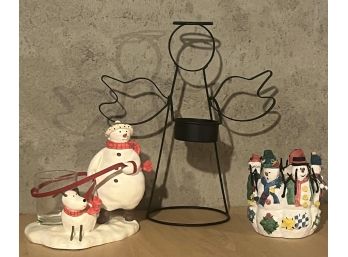 2 Snowmen And 1 Angel Candle Holders