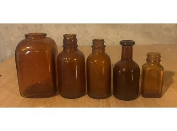 Lot Of 5 Vintage Amber Colored Bottles