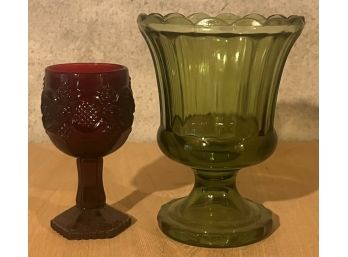 Small Cranberry Glass Goblet & Green Pedestal Vase