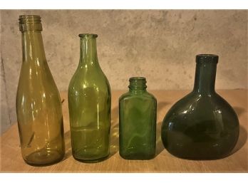 Lot Of 4 Vintage Green Glass Bottles