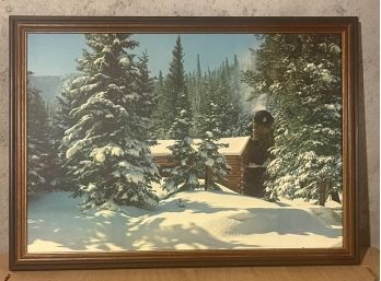Winter Cabin Picture In Wood Frame
