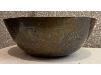 Vintage Chinese Etched Brass Bowl Featuring Dragons