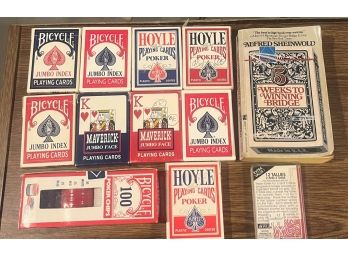 Lot Of 9 Decks Of Cards, Poker Chips And Bridge Book