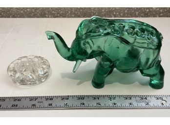 Vintage Flint Green Glass Elephant & Clear Glass Vintage Flower Frog