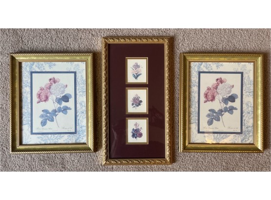 3 Floral Prints In Gold Tone Frames