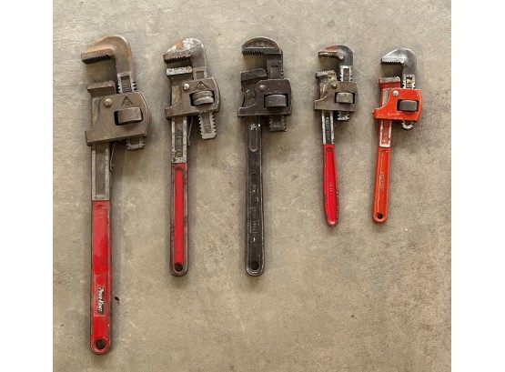 Lot Of 5 Plumbers Wrenches In Metal Tool Caddy