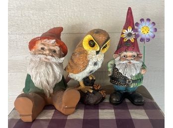 Lot Of 3 Ceramic Statues (2 Gnomes And 1 Owl)