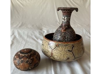 Peruvian Ceramic Pitcher & Bowl Plus Carved Painted Gourde