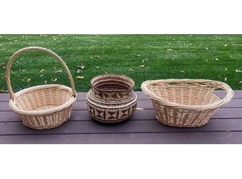 Lot Of 3 Baskets (2 Wicker & 1 Weave)