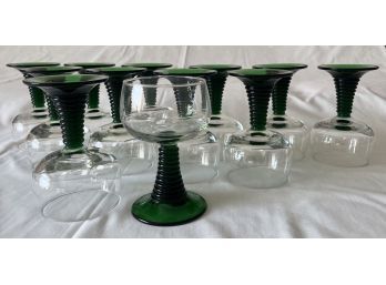 Set Of 12 Green/Clear Glass Goblets