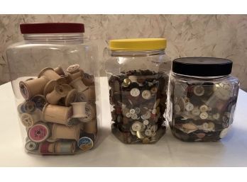 Large Collection Of Vintage Buttons & Wooden Thread Spools