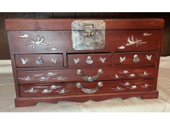 Wooden Jewelry Box With Inlaid Etched Silver Tone Hardware