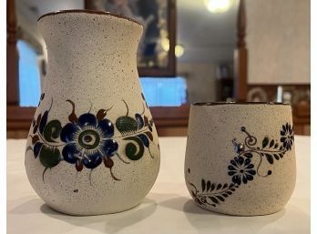 2 Signed, Hand Painted Mexican Tonala Folk Art Pottery Vessels