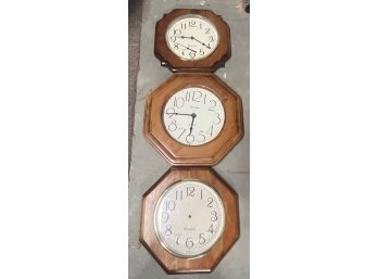 3 Wood Wall Clocks & Bonus 2 Plastic Wall Clocks