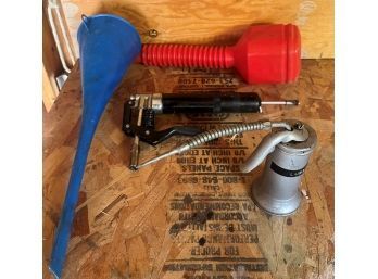 Lot Of Oil Funnels And Grease Guns