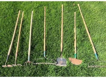 Lot Of 7 Tools (Rakes And Hoes)