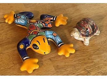 Hand Painted Mexican Ceramic Garden Frog With Bonus Turtle Figurine