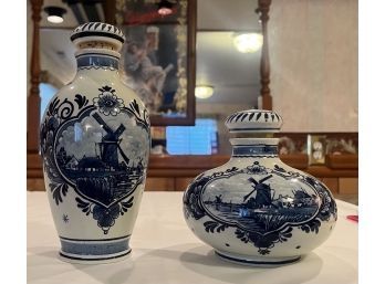 2 Hand-painted Vintage BOLS Delft Blue Decanters/Bottles