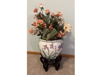 Ceramic Bowl On Decorative Pedestal With Faux Floral Bouquet