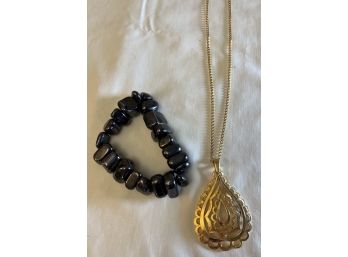 Gold Tone Pendant Necklace & Magnetized Hematite