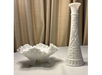 Vintage Milk Glass - Footed Candy Dish & Star Cut Vase