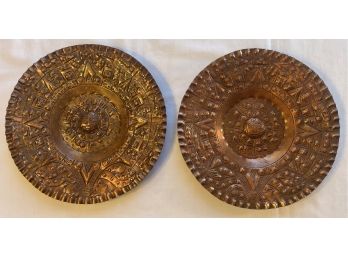 2 Hammered Metal Plates With Aztec Motifs