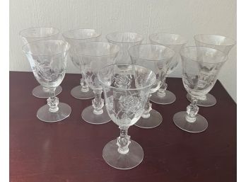 Set Of 10 Etched Wine Glasses