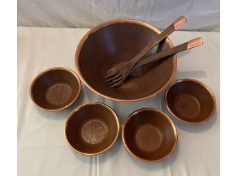 Copper Trimmed Faux Wood Salad Set (Serving Bowl With Utensils & 4 Bowls) - New In Packaging