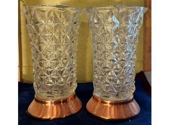 Set Of Two Crystal Vases With Copper Base