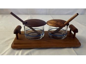 Teak Wood & Glass Bowl Serving Set
