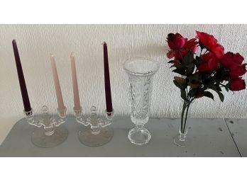 Lot Of 4 (2 Glass Candle Holders, 1 Crystal Vase, 1 Faux Flowers In Glass Vase)