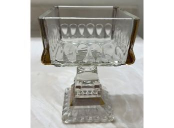Vintage Pressed Glass Pedestal Gold Trim Candy Dish