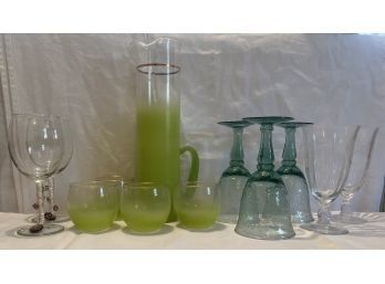 Set Of Glassware (1 Pitcher With 4 Matching Glasses, 3 Stemmed Glasses,, 2 Stemmed W Rose & 2 With Beads)